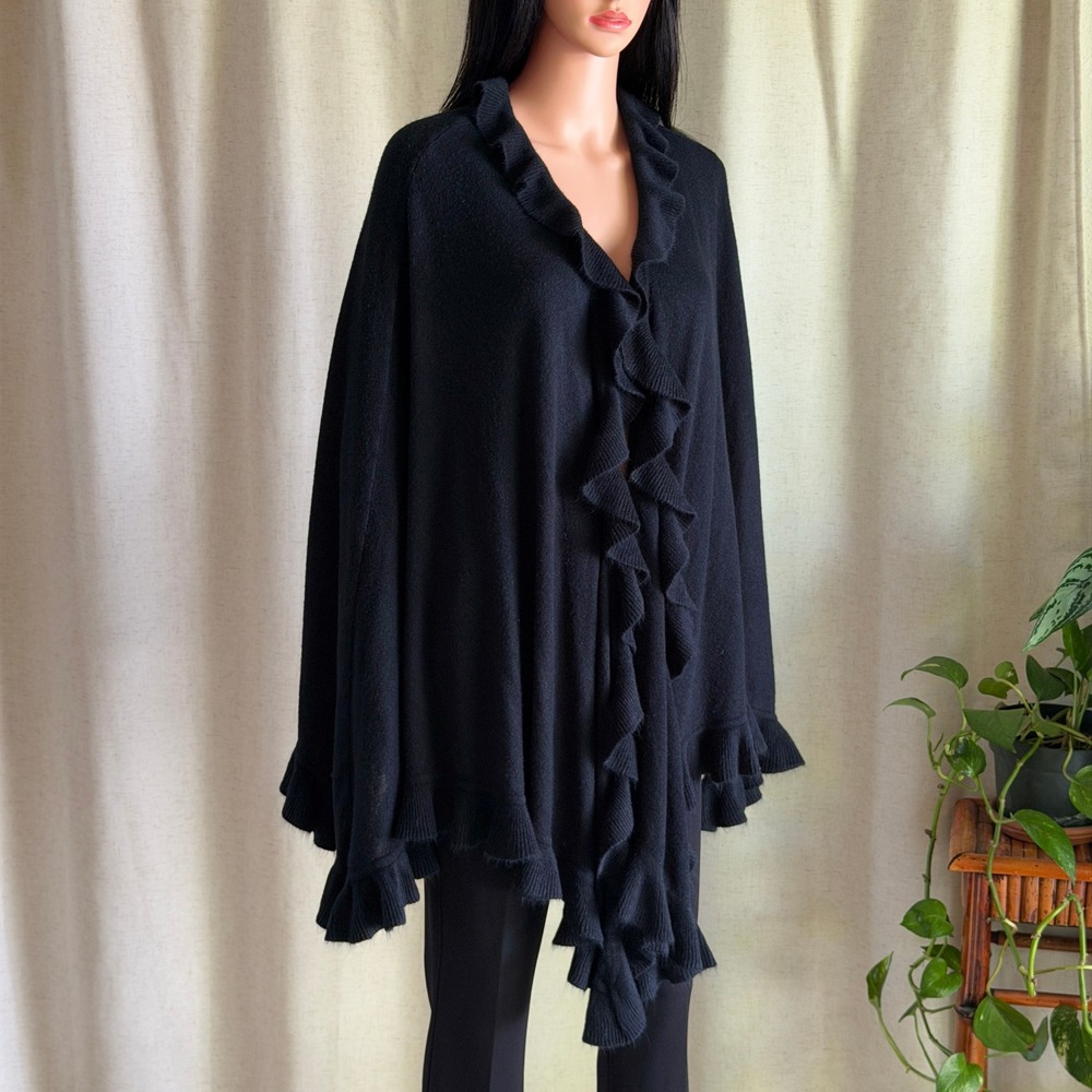 Gramercy 22 Black Ruffle Trim Knit Shawl Wrap Open Front Poncho Gothic One Size